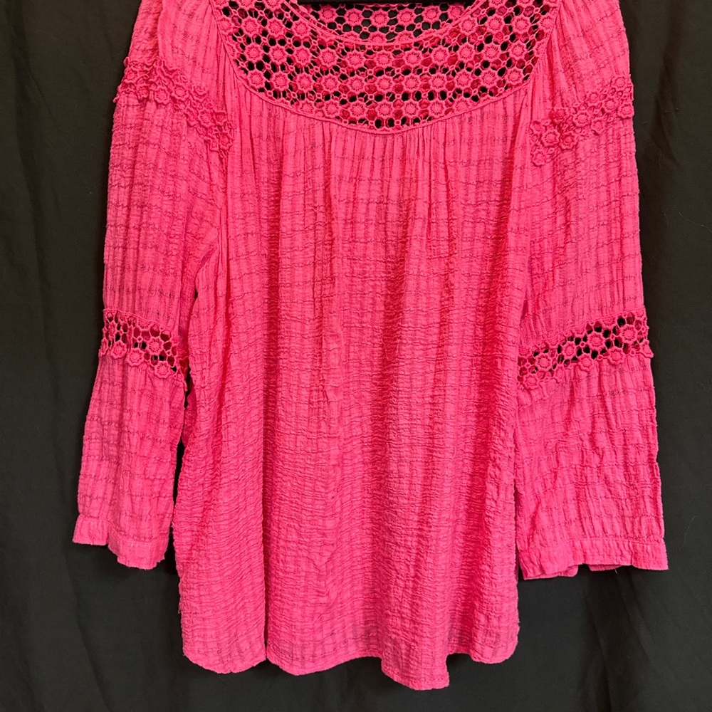New Directions Vibrant Hot Pink Crochet Yoke Tunic